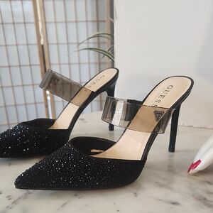 Guess Black Crystal Embellished Pointed Toe Heels with Clear Strap Sz 9.5